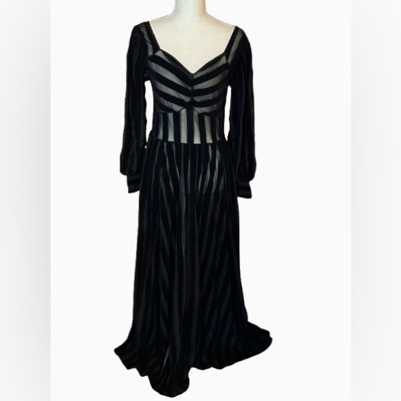 Foxblood Medium Velvet Velour Striped Sheer Gown Peasant Gothic Vintage Maxi - Picture 13 of 16